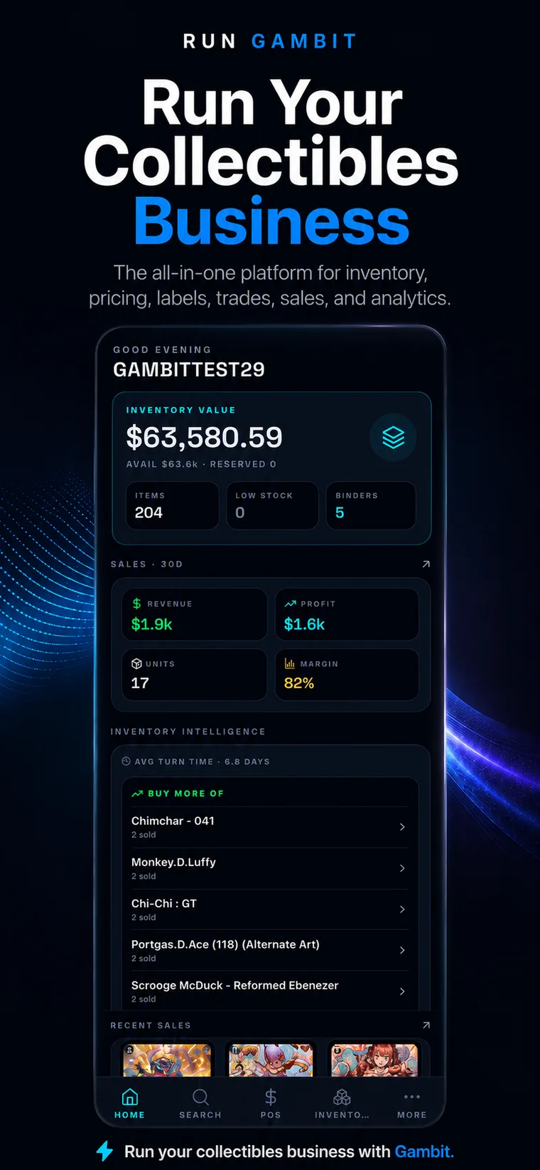Gambit dashboard showing inventory value, 30-day revenue, profit, margin, and the items selling fastest.