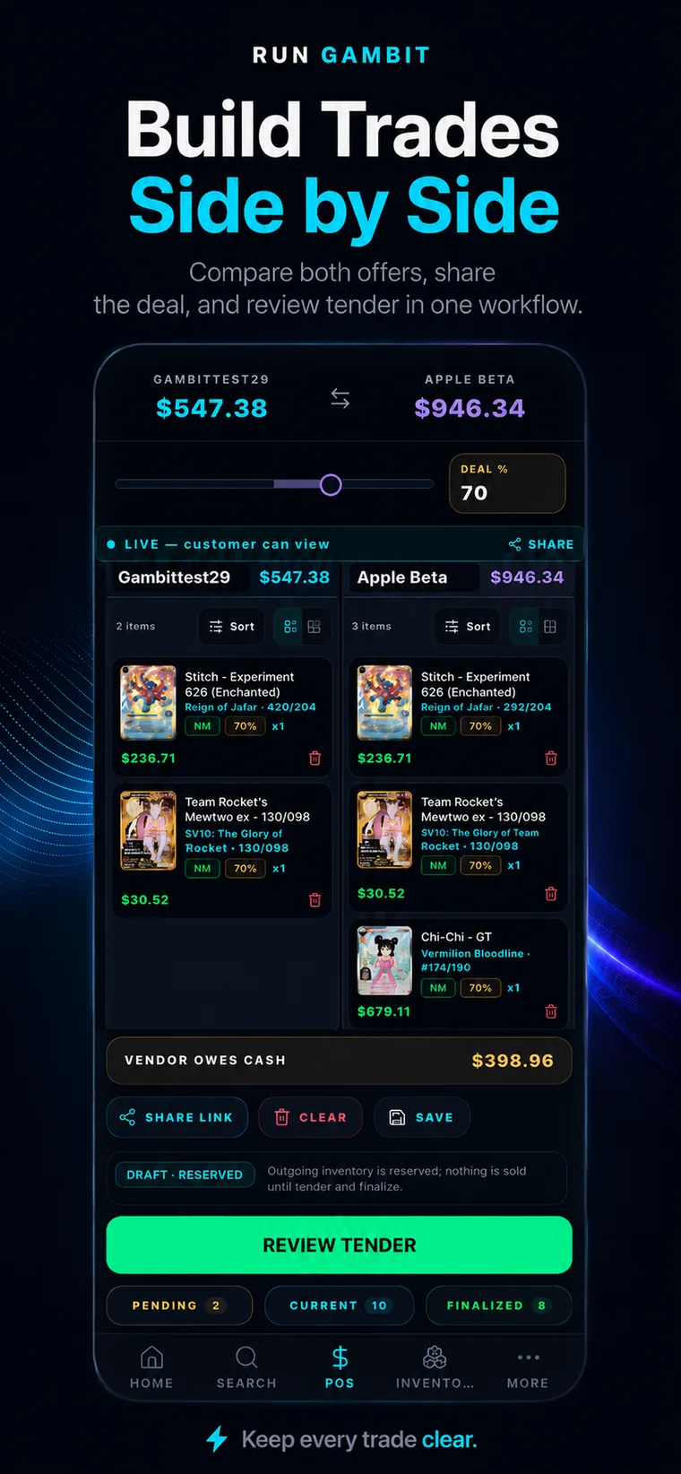 Gambit trade builder comparing two sides of a trade with a deal percentage and cash difference.