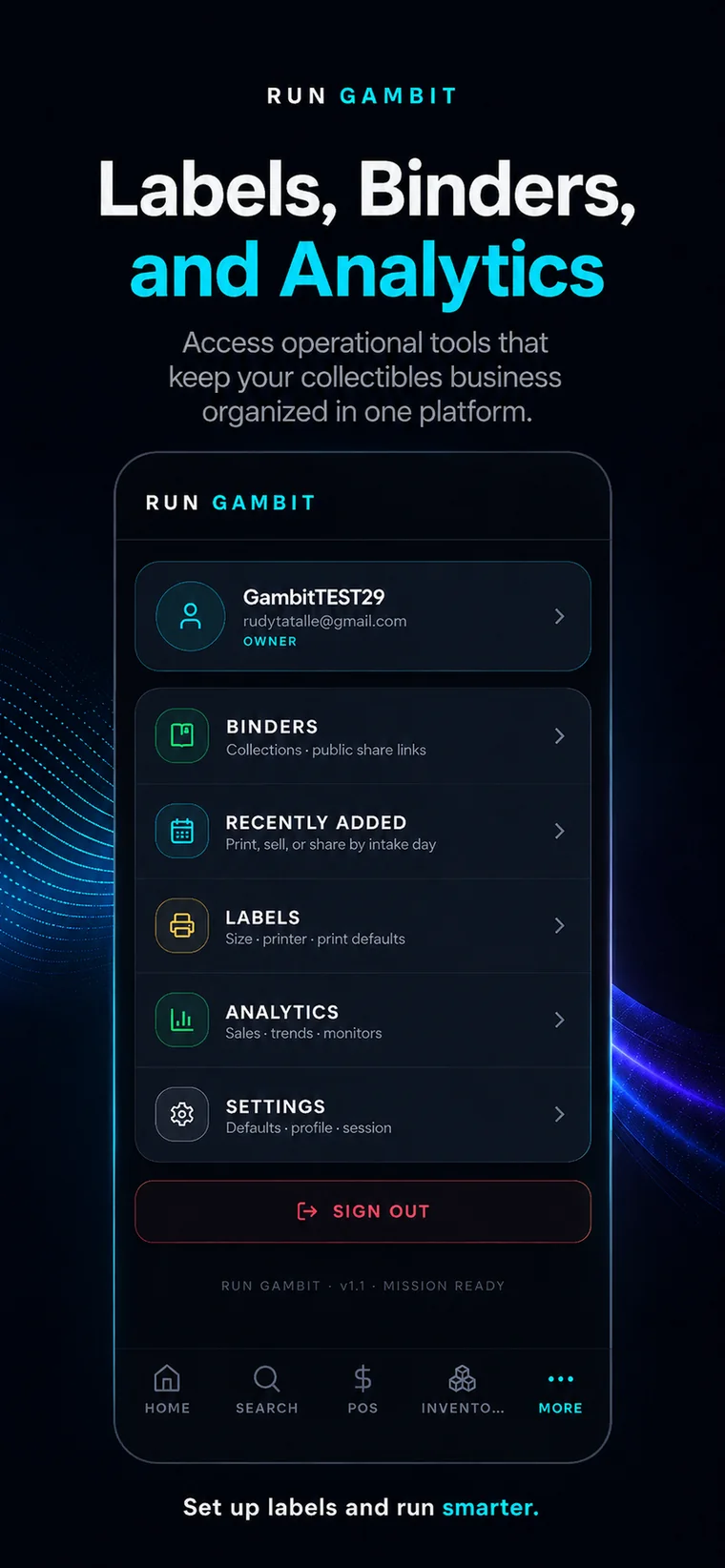 Gambit menu screen with binders, recently added, labels, analytics, and settings.